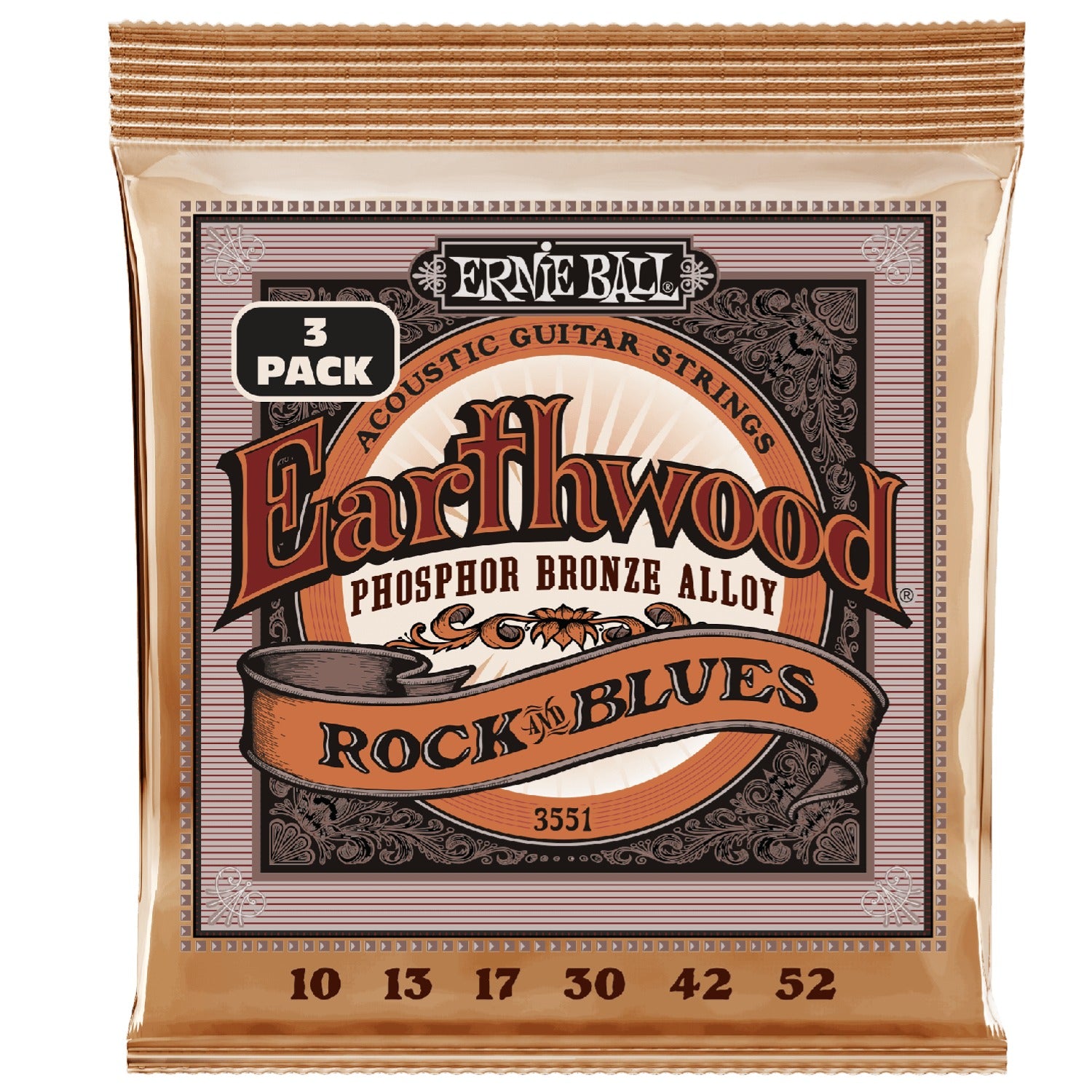 Ernie Ball 3551 Rock and Blues with Plain G Earthwood Phosphor Bronze Acoustic Guitar String 3 Pack - .10-.52