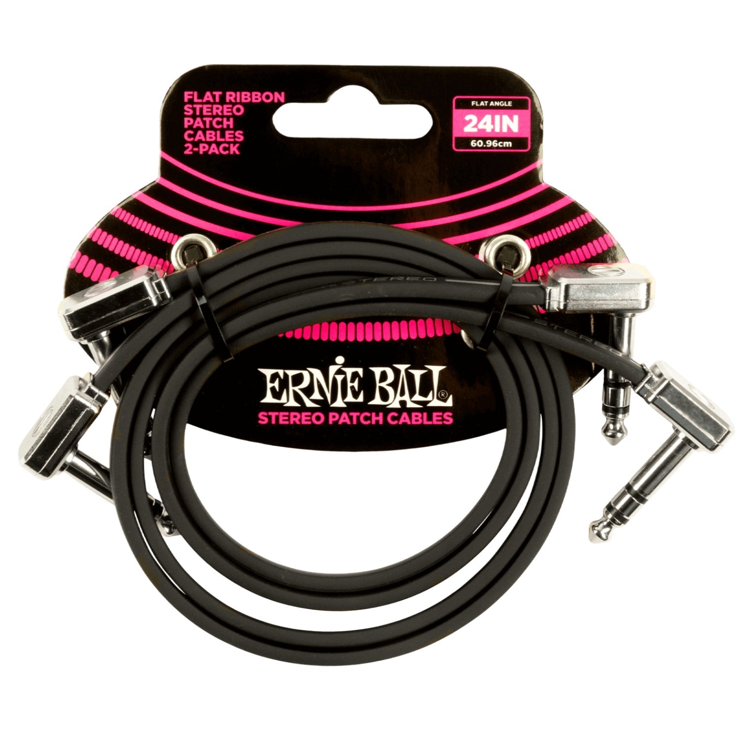 Ernie Ball 6406 24" Flat Ribbon Stereo Patch Cable - Black - Pack of 2